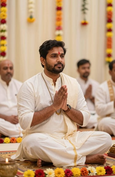 A serene South Asian / Indian spiritual Bhajan Sandhya event with flower decorations and soft cream lighting.