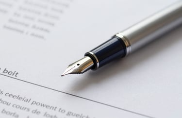 A close-up of a high-quality fountain pen resting on top of a financial report, symbolizing professional guidance and strategic planning, palette of silver and navy.