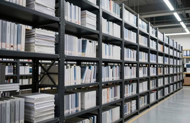 A vast, highly organized document storage facility with charcoal black steel shelving units, perfectly aligned and brightly lit with cool professional lighting.