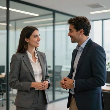 Two professional real estate agents in modern business attire having a friendly conversation in a sleek, glass-walled office in Guadalajara.