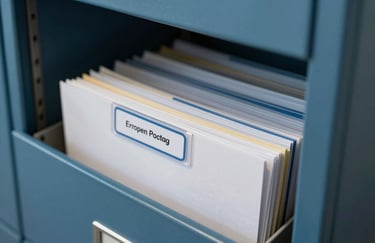 Close-up of neatly organized files in a steel blue filing cabinet. Focus on the textures of high-quality paper and clear labels in a professional European / Portuguese office.