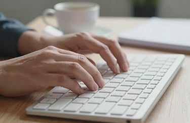 Close-up of professional hands typing on a white keyboard. In the background, a blurred cup of coffee and a planner in a European / Portuguese office.