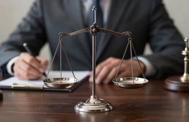 Close-up of a silver justice scale on a dark wooden surface in a professional Brazilian legal setting, highlighting the balance and ethics of the firm.