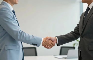 Two business professionals in a South American law firm having a respectful handshake, light blue and off-white office aesthetic.