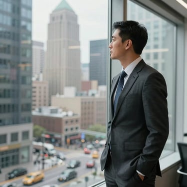 A confident financial professional in business attire looking through a large office window at a bustling North American downtown district.