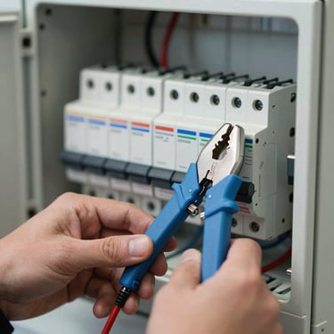 Detail shot of professional hands holding gray-blue ammeter clamps testing a modern residential circuit breaker panel. Professional and safe equipment in an off-white setting.