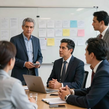 A group of Latinoamericana professionals in a strategic meeting, looking at a wall with organized notes, professional attire, soft lighting.
