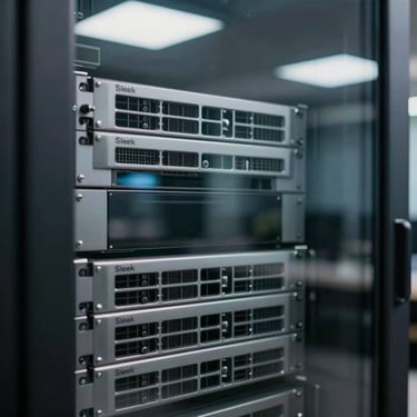 Sleek and professional close-up of a secure server interface reflecting on a glass surface, modern Latinoamericana tech hub atmosphere, clean and safe.