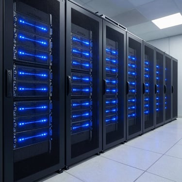 A high-security data center room with server racks, glowing royal blue lights, and clean white flooring, representing data integrity and compliance in a North American setting. The style is professional and high-tech.