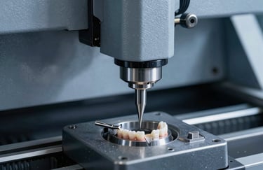 Close-up of an automated CNC machine carving a dental tool with precision in a North American factory. Professional and modern industrial aesthetic with slate blue highlights.