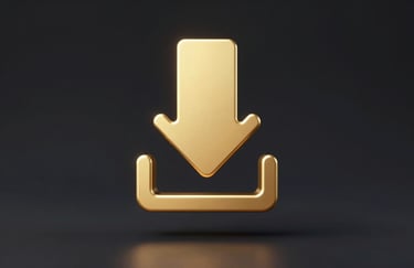 A minimalist golden download icon floating on a dark background, rendered in a sleek 3D style with soft #F8F8F8 highlights.