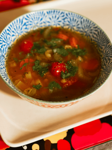 Vegetarian French green lentil soup with carrots, celery, onions and aromatics