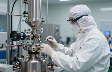 A professional technician in white protective gear and safety goggles monitoring a sophisticated chemical reactor in a high-tech plant.