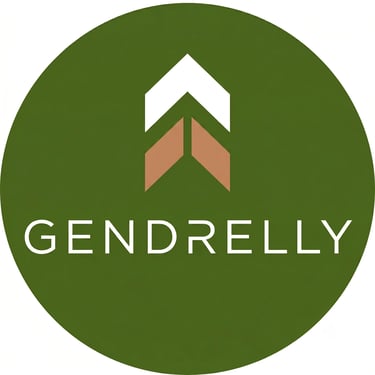 Gendrelly – American health and wellness brand logo, green circle with chevrons and white wordmark