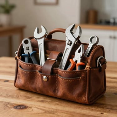 A professional leather tool bag filled with high-quality plumbing tools like pipe wrenches and pliers, resting on a clean wooden surface in a North American / US home setting, shot with shallow depth of field.