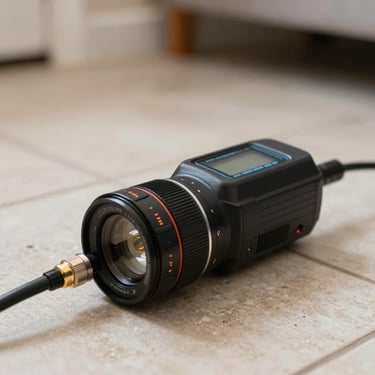 A close-up photograph of a digital leak detection device being used on a tiled floor in a North American / US home, showing high-tech plumbing diagnostic tools in action.