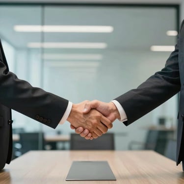 Professional handshake between two business people in a glass-walled boardroom in North America, with soft white and cyan lighting.