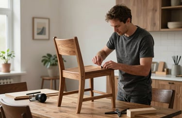 A professional assembling a wooden chair in a modern, tidy Central European / French dining room. The workspace is organized, and the craftsman is focused on the task, showing a high level of expertise.