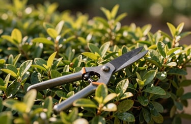A detail shot of garden shears pruning a lush green hedge in a sunlit Central European / French garden. The focus is on the sharp metal blades and the healthy leaves, with warm sunlight filtering through.