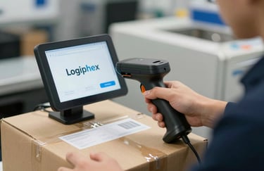 Close-up of a high-resolution handheld scanner being used to process a package in a professional sorting center. Shallow depth of field, sharp focus on the digital screen showing Logiphex branding.