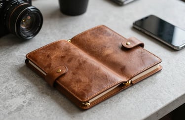 A high-quality leather bound planner and a smartphone on a clean, light grey stone surface in a professional North American workspace.