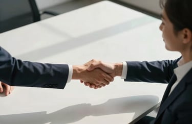 An overhead shot of two professionals shaking hands across a minimalist white table in a sunlit North American office.