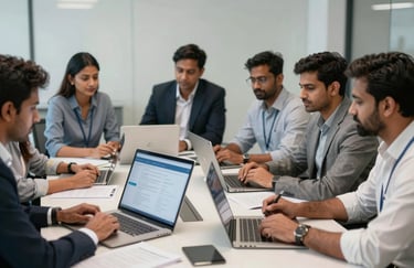A group of South Asian / Indian professionals collaborating around a conference table with digital screens and papers, showing teamwork and efficiency in a modern corporate space.