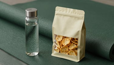 A fit athlete in a gym setting with soft cream walls, holding a shaker bottle and a corn-based protein bar.