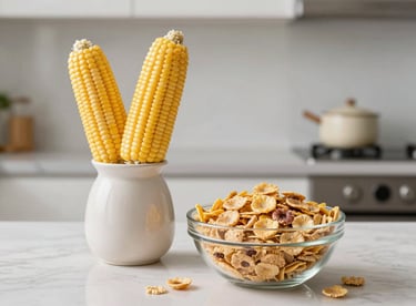 A clean, minimalist kitchen setup with golden corn stalks in a vase and a bowl of high-protein corn cereal.