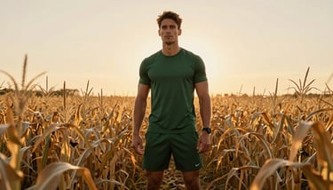 An overhead culinary shot of a protein-rich salad featuring sweetcorn, beans, and grilled chicken in a deep forest green ceramic bowl.