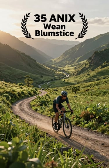 Action shot of a person cycling through a lush green valley at sunrise, representing clean energy and endurance.