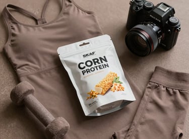 A sophisticated flat-lay of workout gear in muted earth taupe colors with a package of corn-protein snacks.
