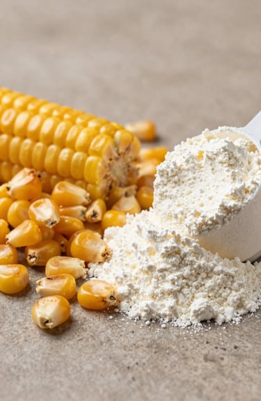 A macro photograph of golden roasted corn kernels alongside a scoop of pure white protein powder on a muted earth taupe stone surface.