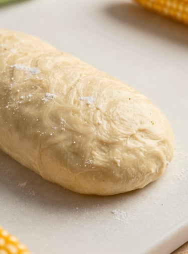 Detailed texture shot of high-protein corn dough being prepared on a soft cream countertop with natural light.
