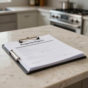 A detailed photograph of a professional real estate appraisal folder with 'Property Report' visible, lying on a high-end stone countertop in a Brazilian luxury kitchen, bright lighting.