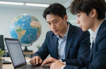 A close-up of a professional mentor and a student discussing complex data on a laptop screen, modern office background, global international setting, medium blue and dark blue tones.