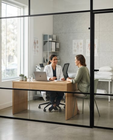 Bright, clean clinical interior with soft natural daylight, a modern medical consultation room visible through a glass partition, shallow depth of field.