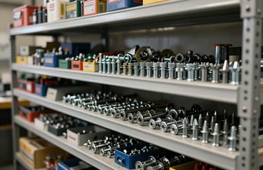 Photography of a neat, organized shelf of hardware and fasteners in a professional North American workshop, soft side lighting.