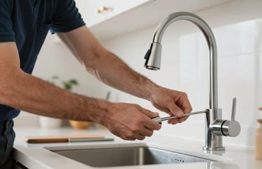 Action photography of a professional handyman's hands installing a modern kitchen faucet in a bright North American kitchen, clear focus.