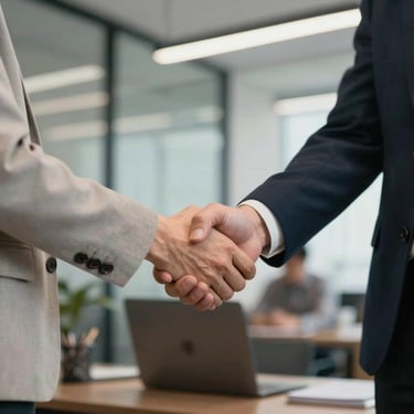 A firm, professional handshake between two people in business casual attire in a modern North American / US office setting.