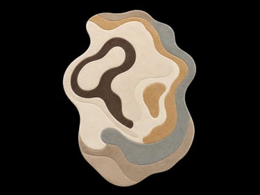 Abstract irregular shaped area rug with a modern layered wavy pattern in neutral beige, brown, and grey tones.