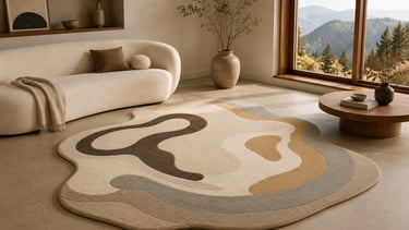 Modern minimalist living room featuring a large wavy area rug with neutral earth tones and organic shapes.