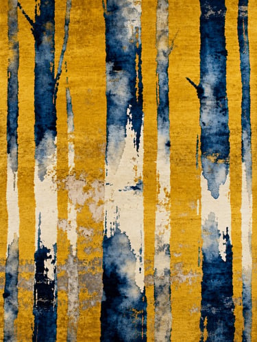 Mustard yellow and navy Erosion rug with painterly vertical textures