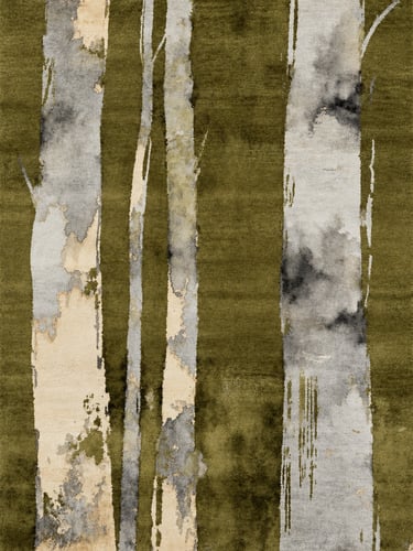 Olive green and grey Erosion rug with organic weathered stripe details