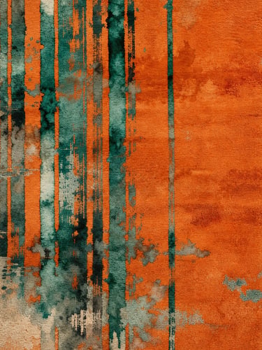 Orange and teal abstract rug with weathered vertical textures from the Erosion collection