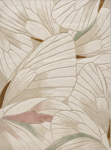 Cream carved rug with overlapping leaf-vein patterns and soft pastel accents