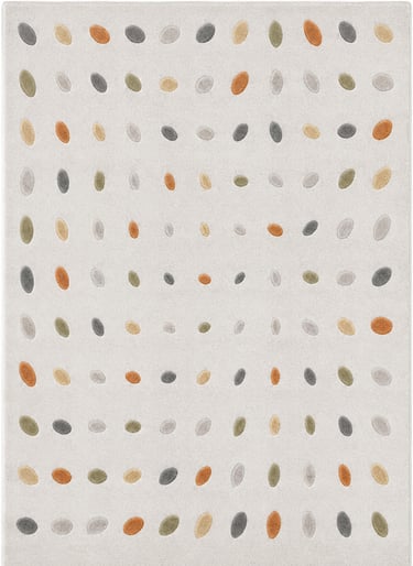 Modern cream area rug featuring a colorful pattern of small oval dots in orange, grey, and green.