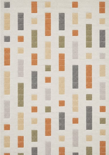 Modern area rug with a colorful geometric rectangle pattern in orange, grey, and green on a cream background.