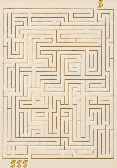 A complex square maze puzzle on textured paper featuring small yellow ducklings at the start and finish.