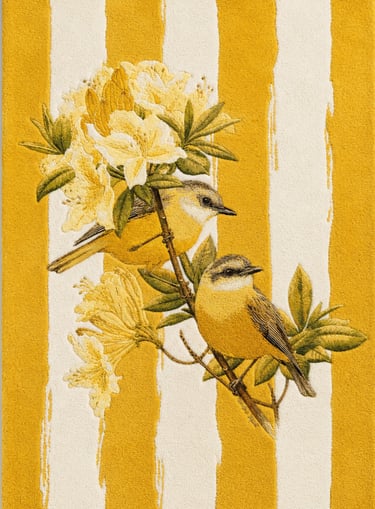 Yellow birds perched on floral branches over a vertical striped yellow and white textured background.